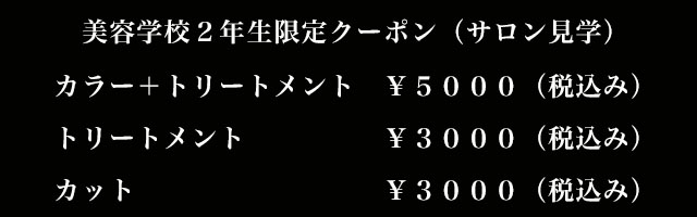 美容学校2年生限定クーポン(サロン見学)カラー+トリートメント ¥5000(税込み) トリートメント¥3000(税込み) カット ¥3000(税込み)
